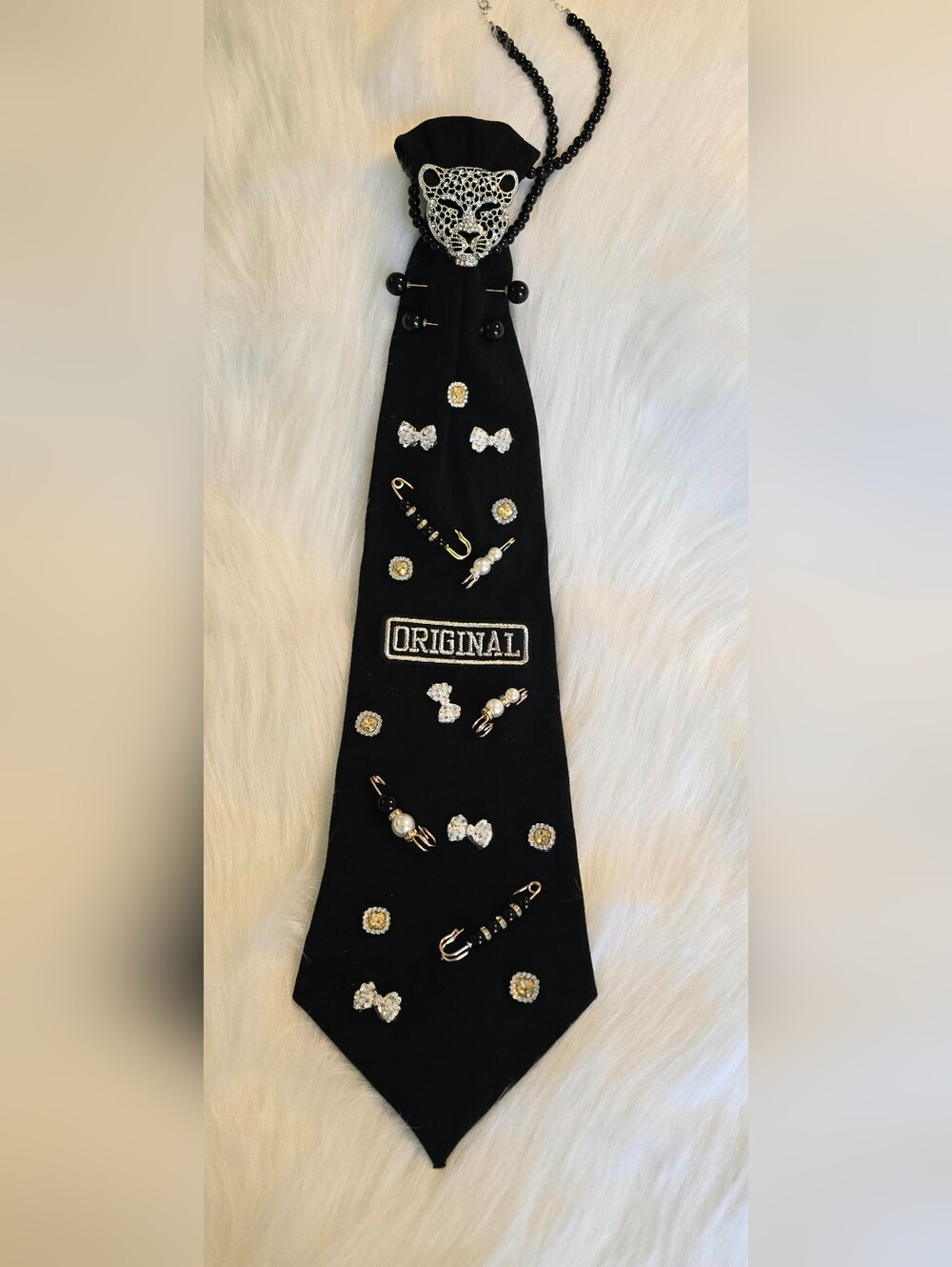 Embellished Black Denim Necktie Necklace with 'ORIGINAL' Patch